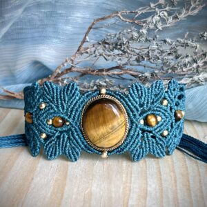 Bracelet manchette de protection oeil de tigre en couleur bleu canard